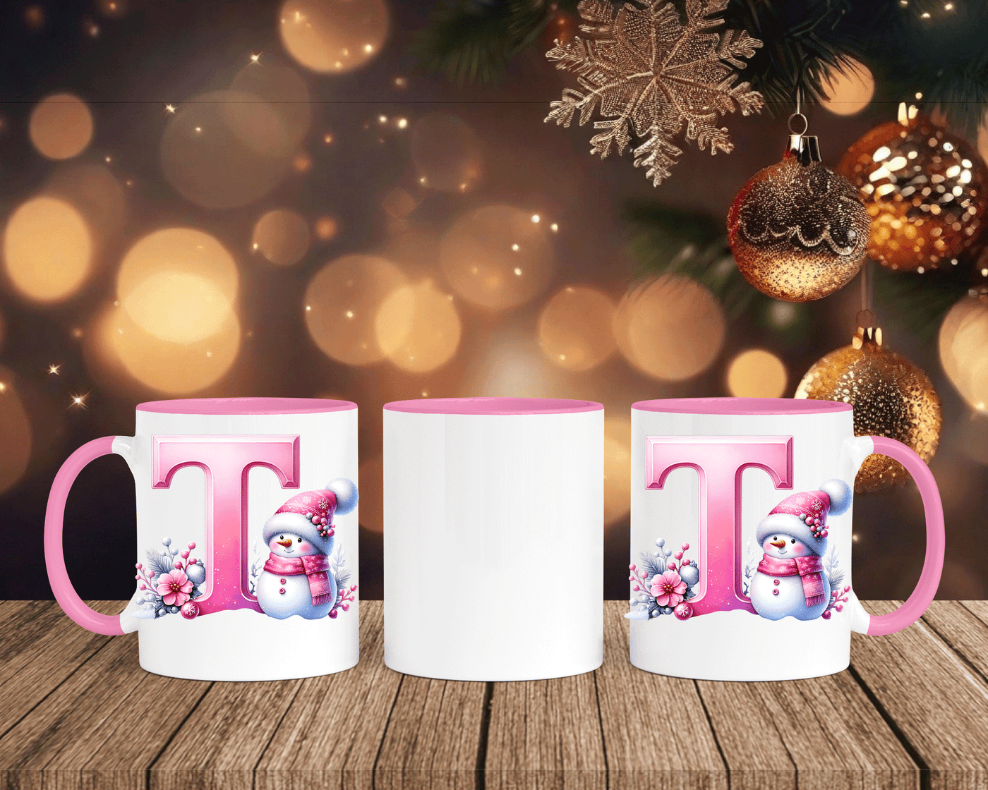Personalisierte Keramik-Tasse in Rosa - mit Schneemann Rosa-Alphabet & Namen