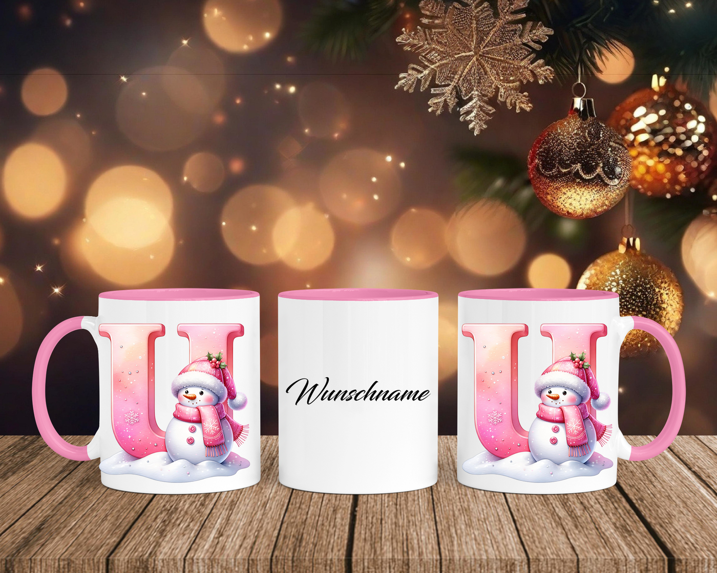 Personalisierte Keramik-Tasse in Rosa - mit Schneemann Rosa-Alphabet & Namen
