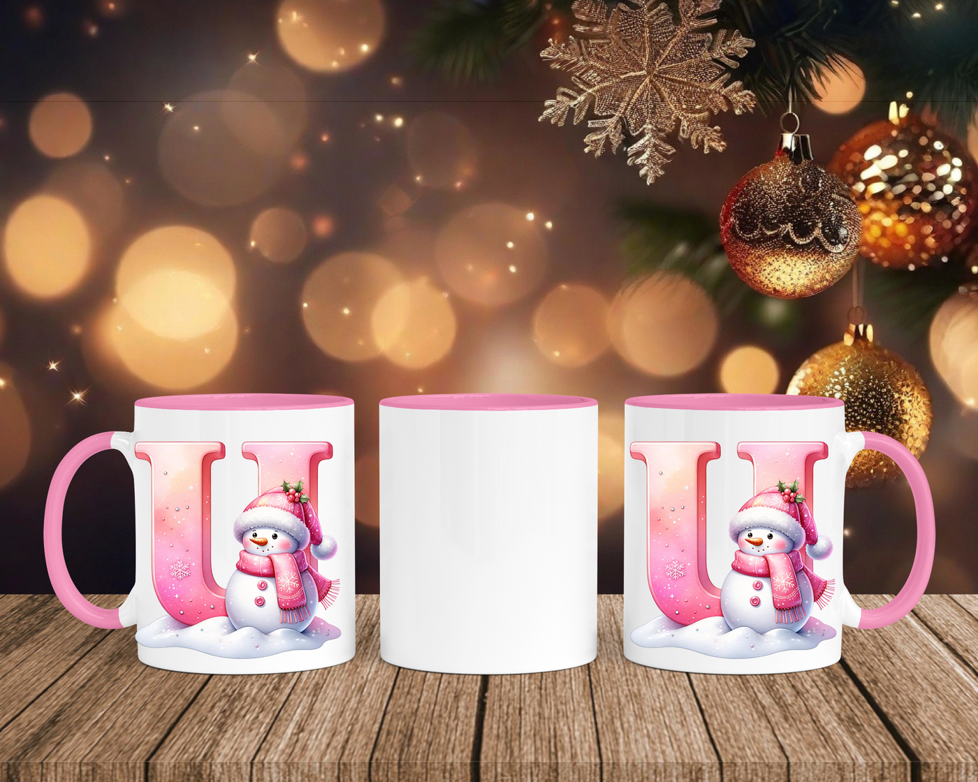 Personalisierte Keramik-Tasse in Rosa - mit Schneemann Rosa-Alphabet & Namen