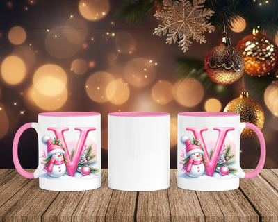 Personalisierte Keramik-Tasse in Rosa - mit Schneemann Rosa-Alphabet & Namen