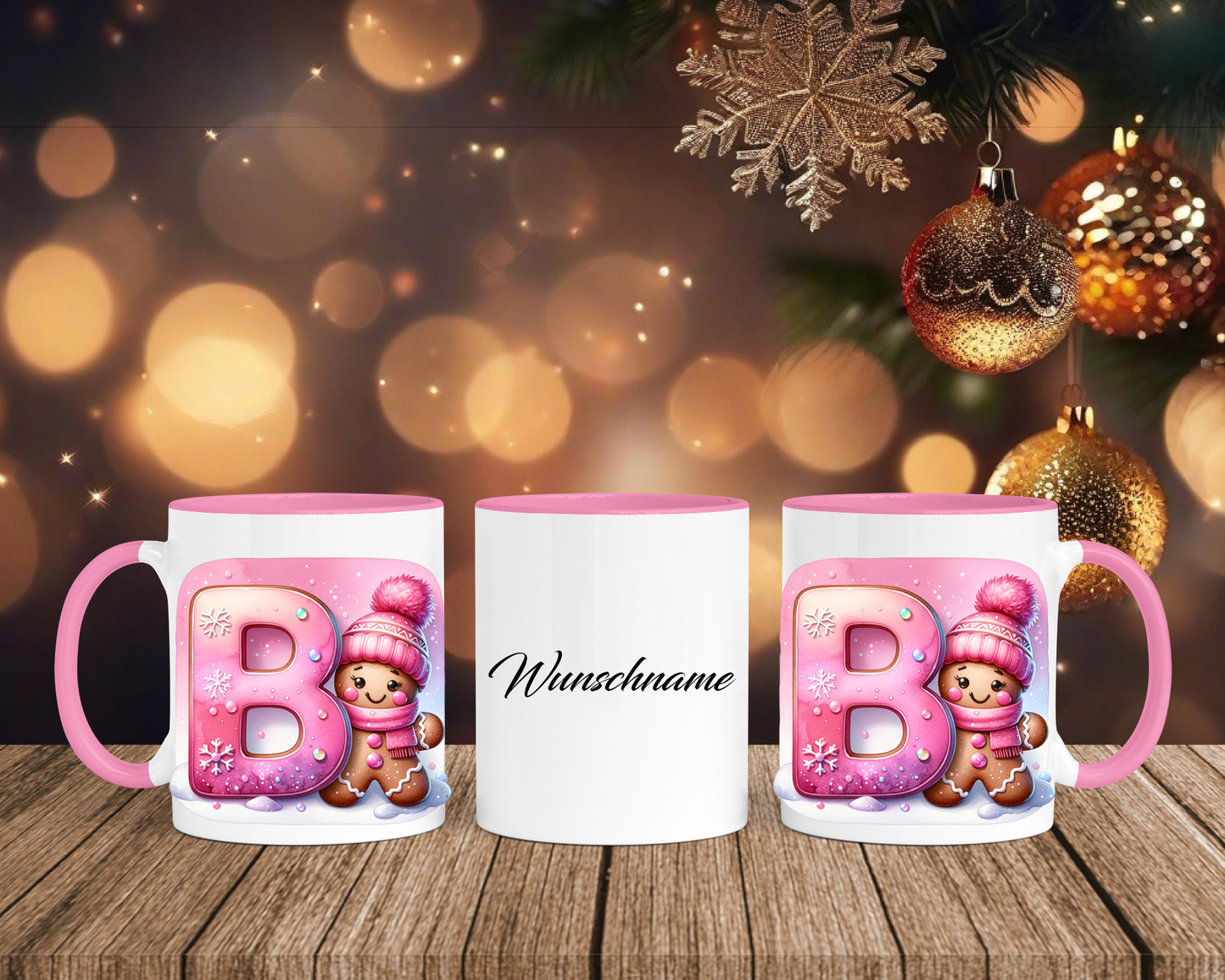 Personalisierte Keramik-Tasse in Rosa - mit Lebkuchen Pink-Alphabet & Namen