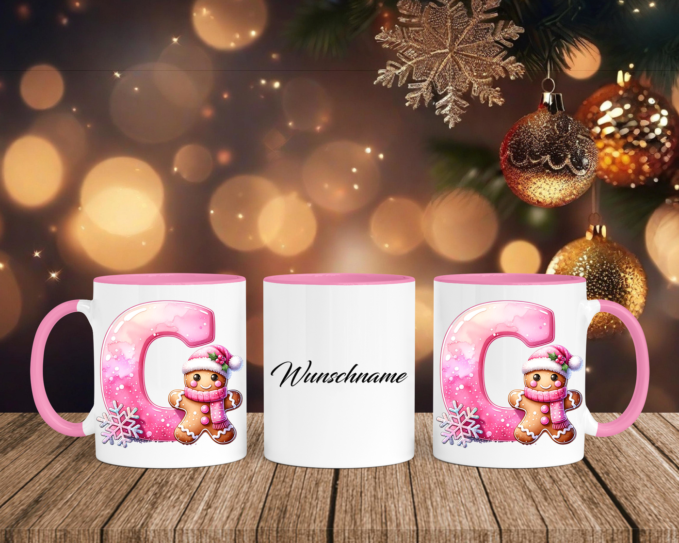 Personalisierte Keramik-Tasse in Rosa - mit Lebkuchen Pink-Alphabet & Namen
