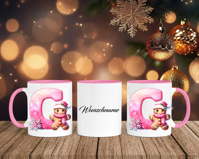 Personalisierte Keramik-Tasse in Rosa - mit Lebkuchen Pink-Alphabet & Namen