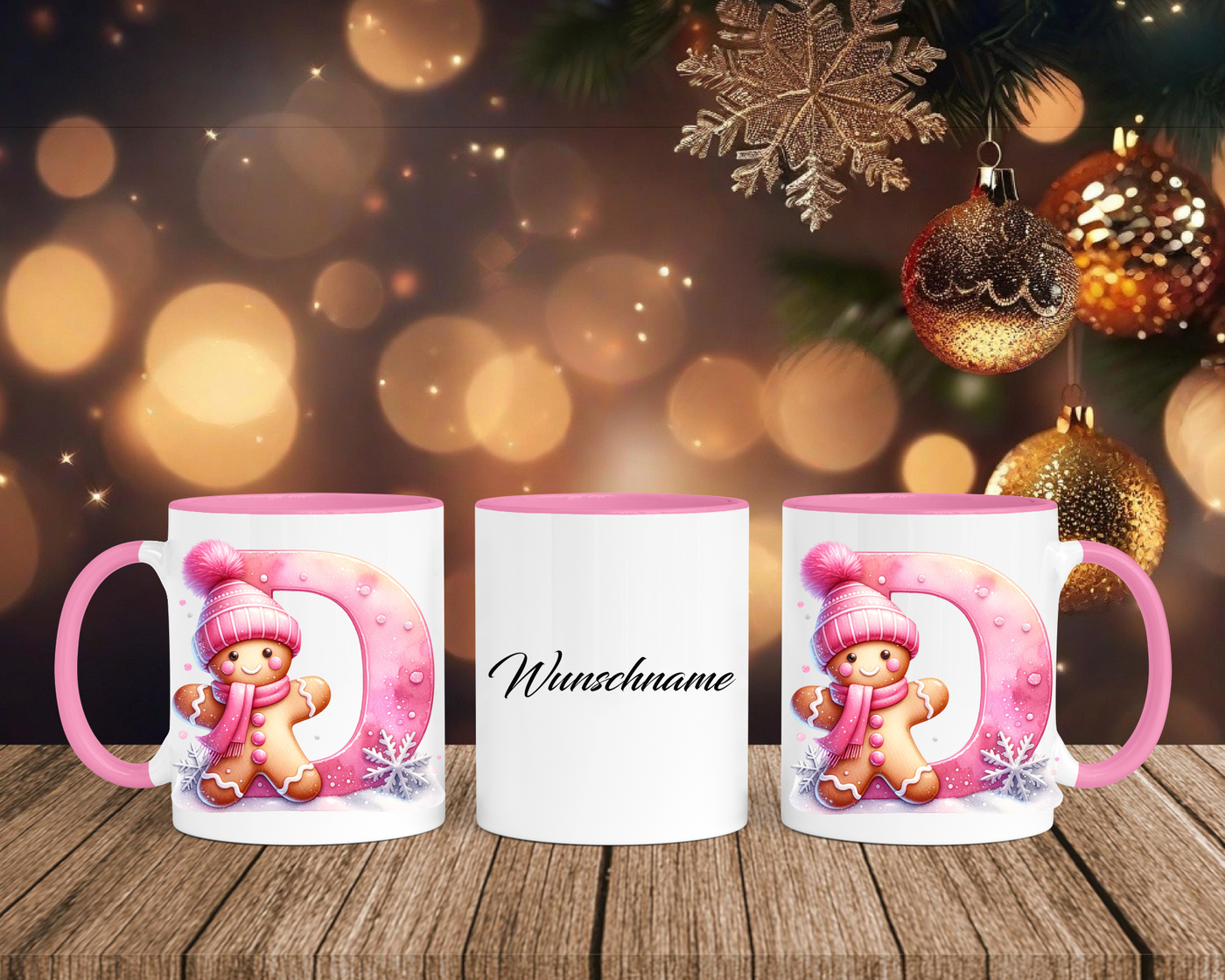 Personalisierte Keramik-Tasse in Rosa - mit Lebkuchen Pink-Alphabet & Namen
