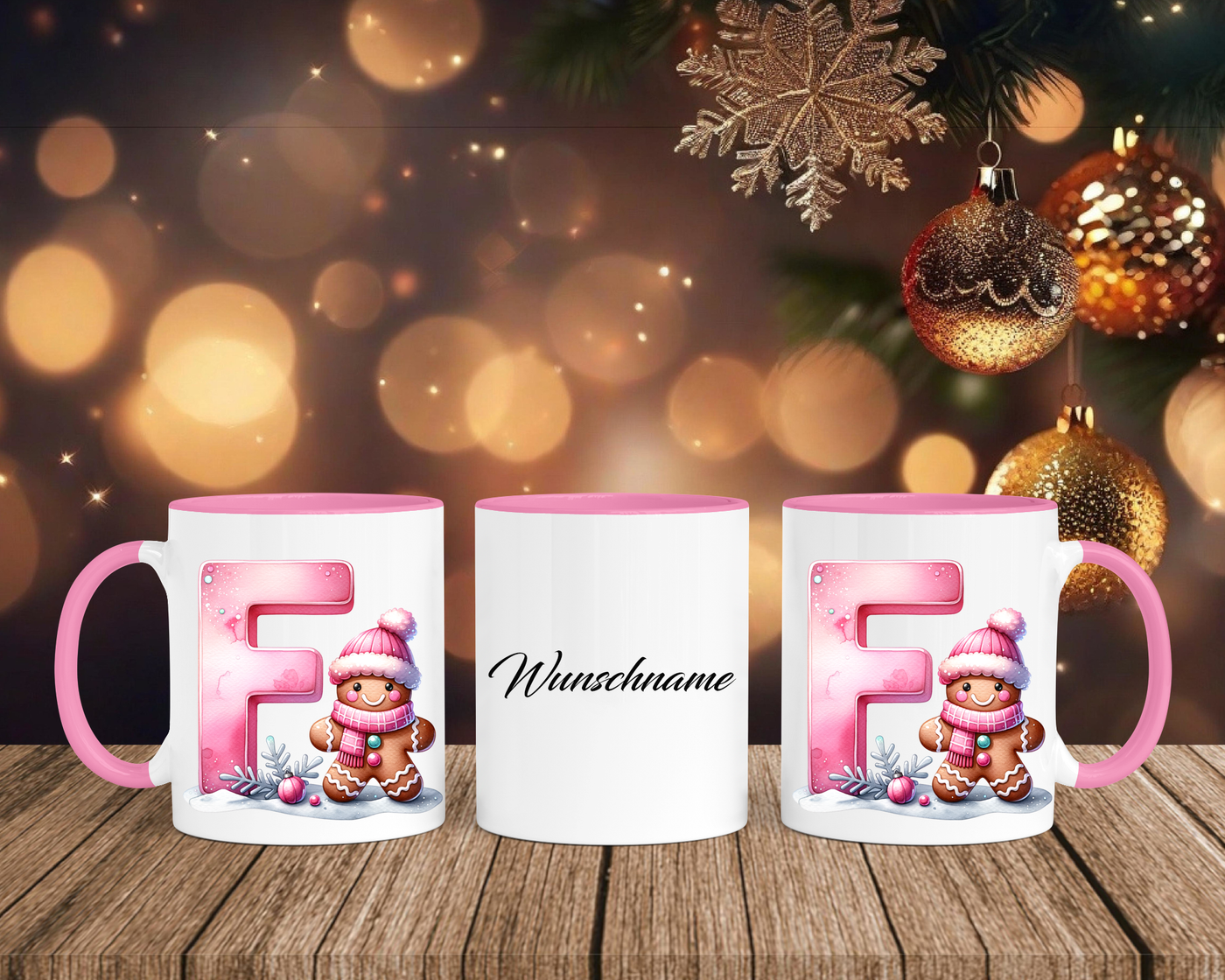 Personalisierte Keramik-Tasse in Rosa - mit Lebkuchen Pink-Alphabet & Namen