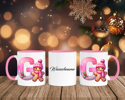 Personalisierte Keramik-Tasse in Rosa - mit Lebkuchen Pink-Alphabet & Namen