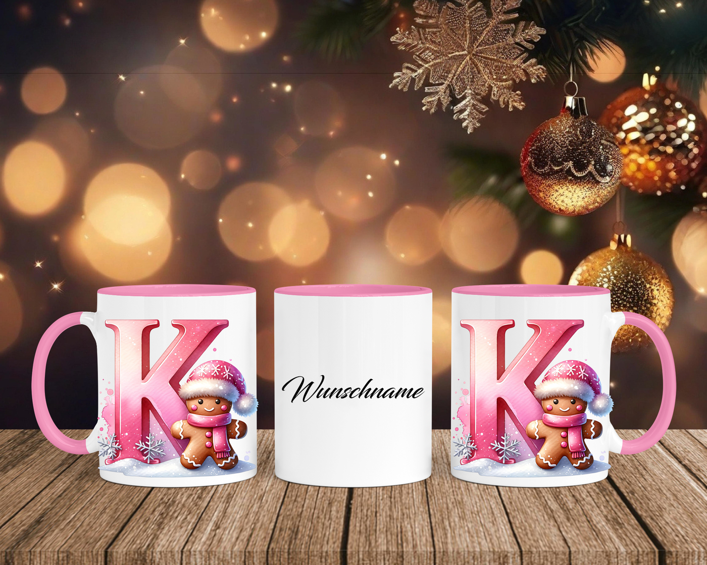 Personalisierte Keramik-Tasse in Rosa - mit Lebkuchen Pink-Alphabet & Namen