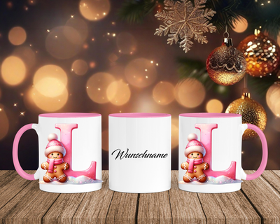 Personalisierte Keramik-Tasse in Rosa - mit Lebkuchen Pink-Alphabet & Namen