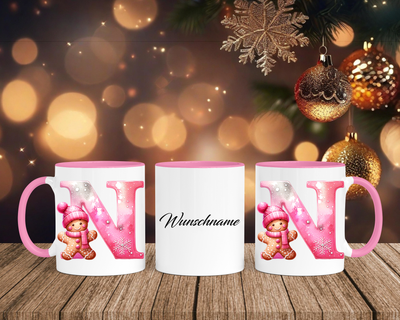 Personalisierte Keramik-Tasse in Rosa - mit Lebkuchen Pink-Alphabet & Namen