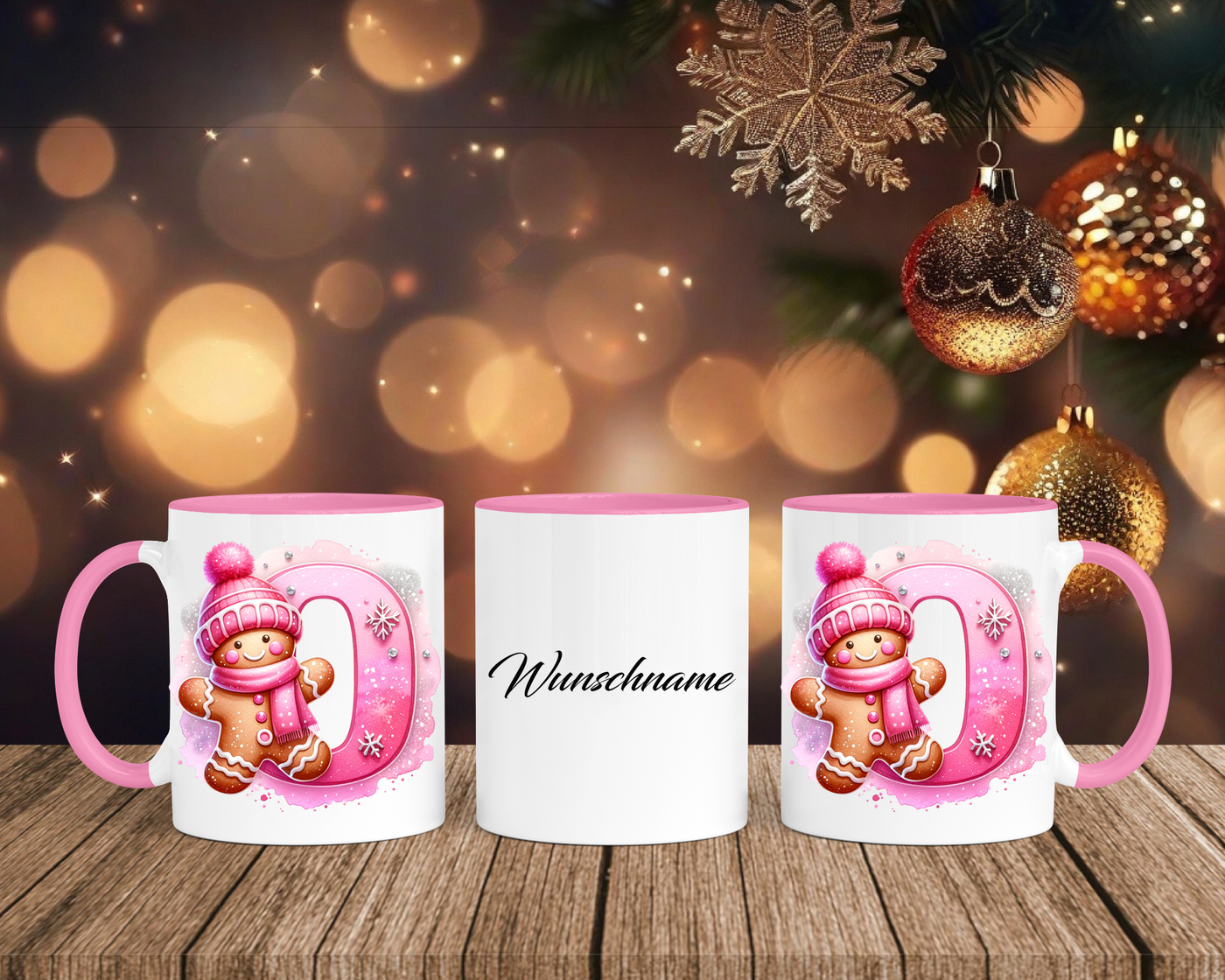 Personalisierte Keramik-Tasse in Rosa - mit Lebkuchen Pink-Alphabet & Namen