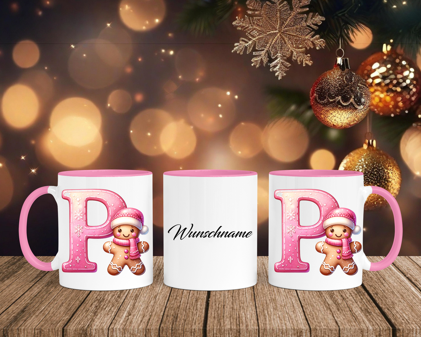 Personalisierte Keramik-Tasse in Rosa - mit Lebkuchen Pink-Alphabet & Namen