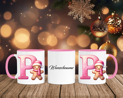 Personalisierte Keramik-Tasse in Rosa - mit Lebkuchen Pink-Alphabet & Namen