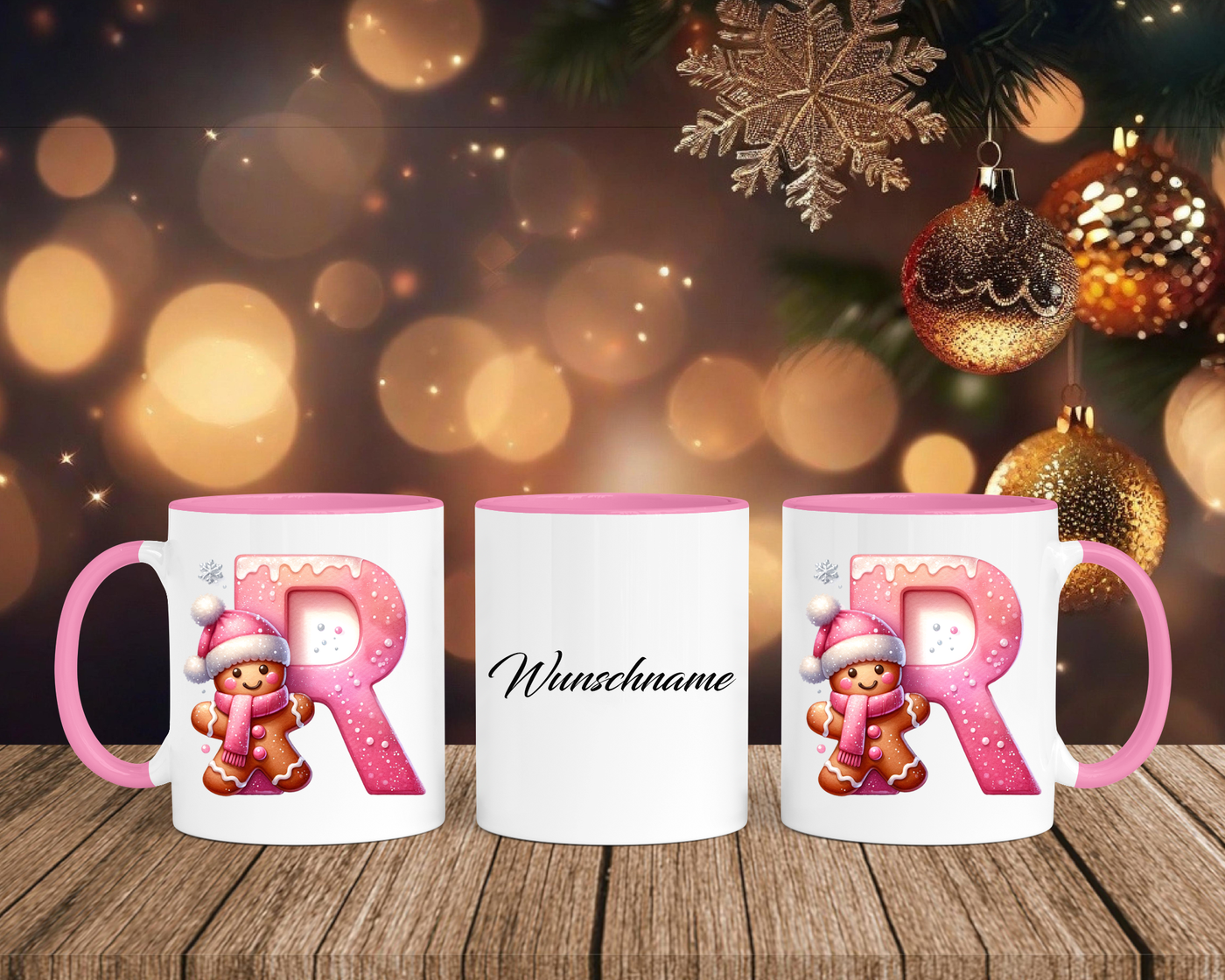 Personalisierte Keramik-Tasse in Rosa - mit Lebkuchen Pink-Alphabet & Namen