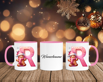 Personalisierte Keramik-Tasse in Rosa - mit Lebkuchen Pink-Alphabet & Namen