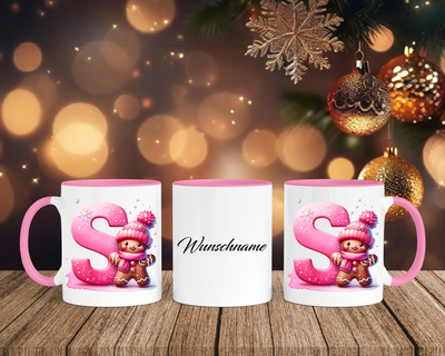 Personalisierte Keramik-Tasse in Rosa - mit Lebkuchen Pink-Alphabet & Namen
