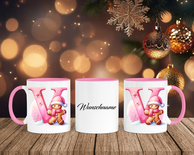 Personalisierte Keramik-Tasse in Rosa - mit Lebkuchen Pink-Alphabet & Namen