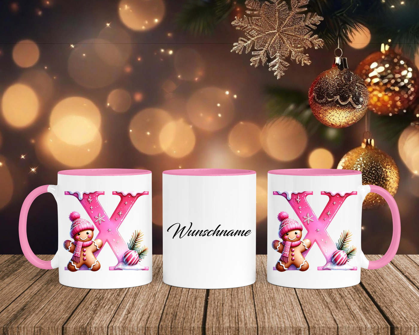 Personalisierte Keramik-Tasse in Rosa - mit Lebkuchen Pink-Alphabet & Namen