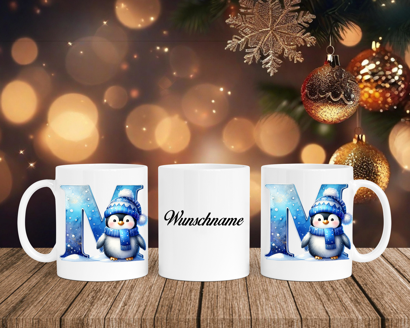 Personalisierte Keramik-Tasse in Weiß-mit Pinguin Blau-Alphabet & Namen
