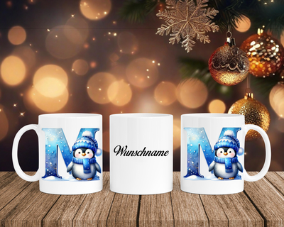 Personalisierte Keramik-Tasse in Weiß-mit Pinguin Blau-Alphabet & Namen