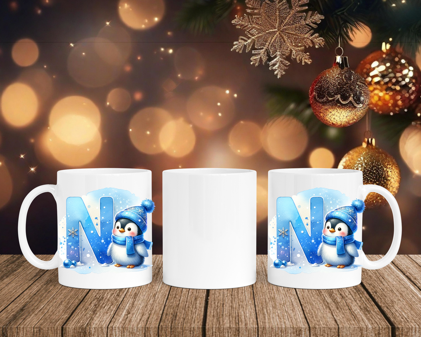 Personalisierte Keramik-Tasse in Weiß-mit Pinguin Blau-Alphabet & Namen