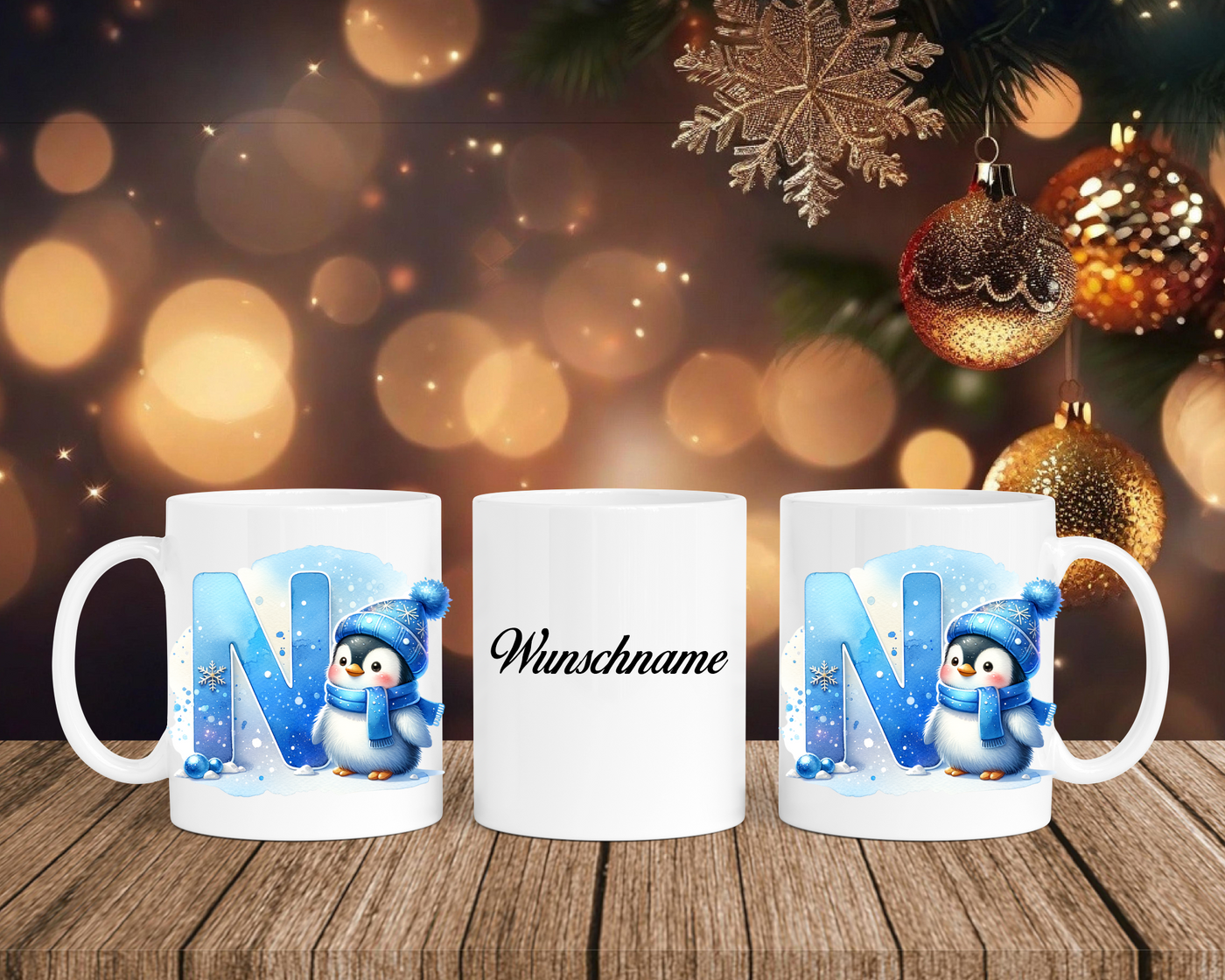Personalisierte Keramik-Tasse in Weiß-mit Pinguin Blau-Alphabet & Namen