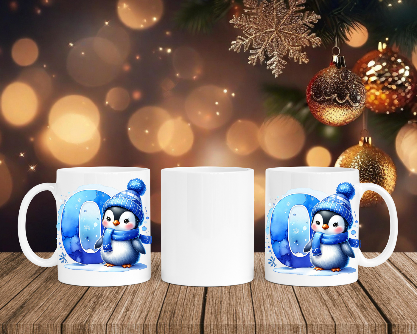 Personalisierte Keramik-Tasse in Weiß-mit Pinguin Blau-Alphabet & Namen