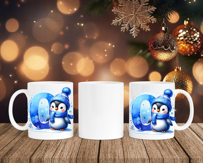 Personalisierte Keramik-Tasse in Weiß-mit Pinguin Blau-Alphabet & Namen