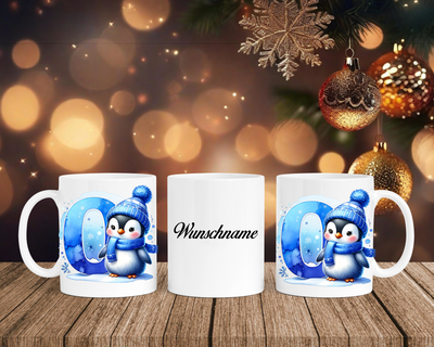 Personalisierte Keramik-Tasse in Weiß-mit Pinguin Blau-Alphabet & Namen