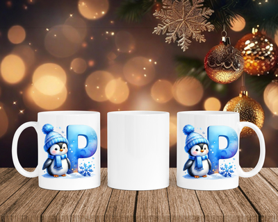 Personalisierte Keramik-Tasse in Weiß-mit Pinguin Blau-Alphabet & Namen