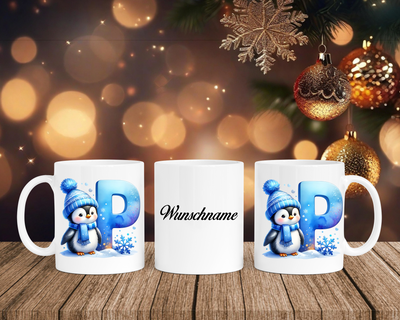Personalisierte Keramik-Tasse in Weiß-mit Pinguin Blau-Alphabet & Namen