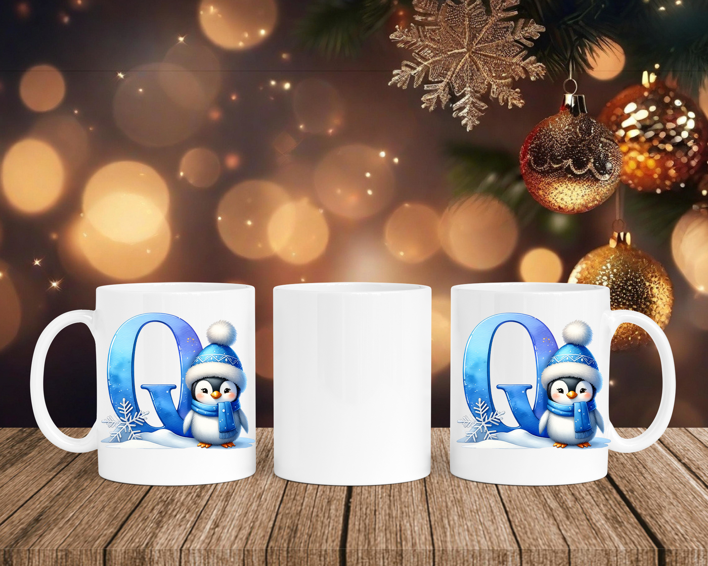 Personalisierte Keramik-Tasse in Weiß-mit Pinguin Blau-Alphabet & Namen