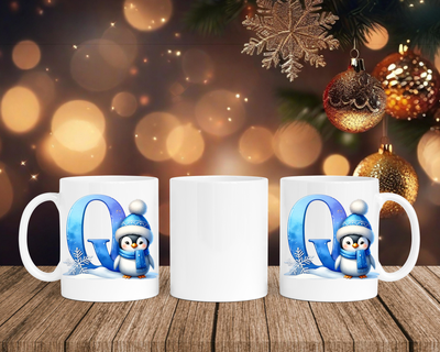 Personalisierte Keramik-Tasse in Weiß-mit Pinguin Blau-Alphabet & Namen
