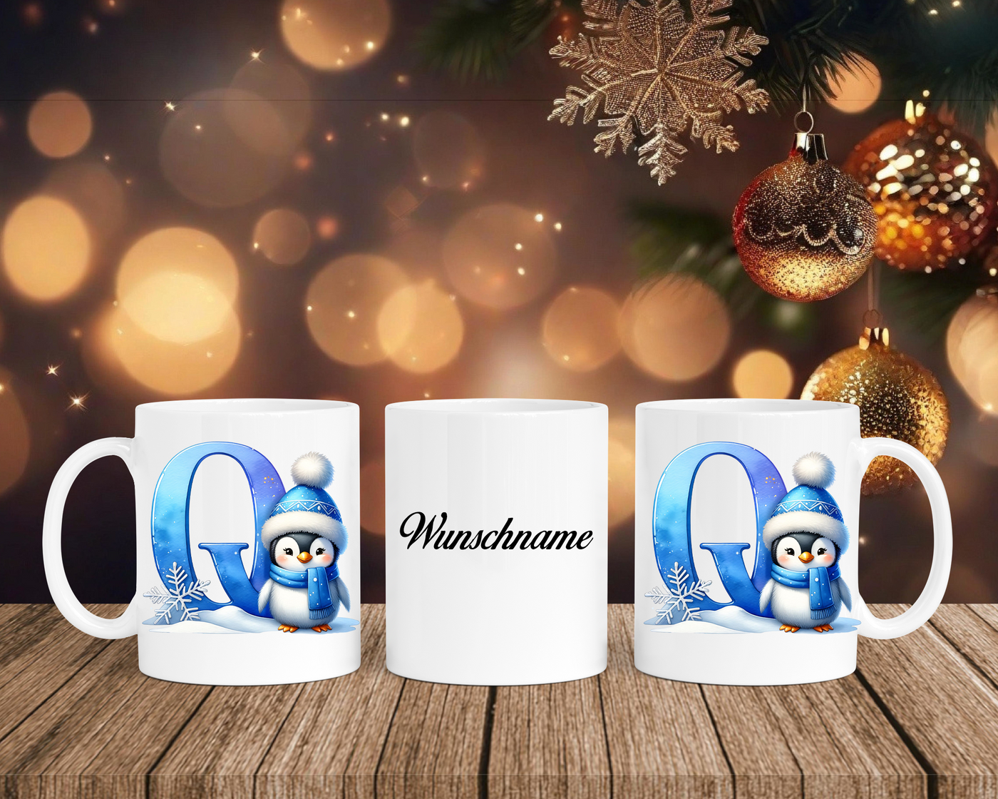 Personalisierte Keramik-Tasse in Weiß-mit Pinguin Blau-Alphabet & Namen