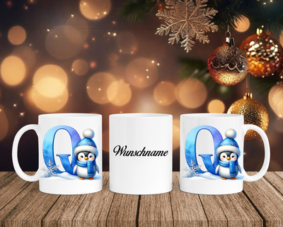Personalisierte Keramik-Tasse in Weiß-mit Pinguin Blau-Alphabet & Namen