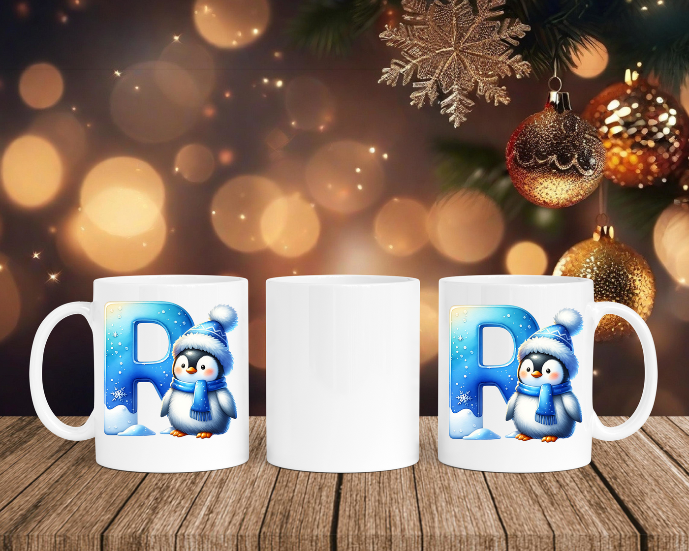 Personalisierte Keramik-Tasse in Weiß-mit Pinguin Blau-Alphabet & Namen