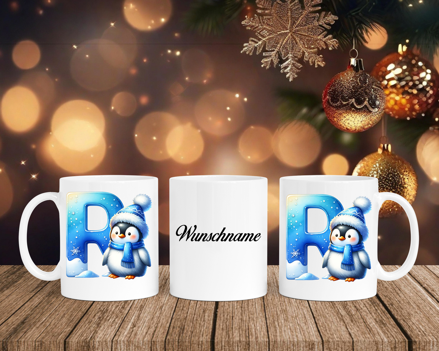 Personalisierte Keramik-Tasse in Weiß-mit Pinguin Blau-Alphabet & Namen