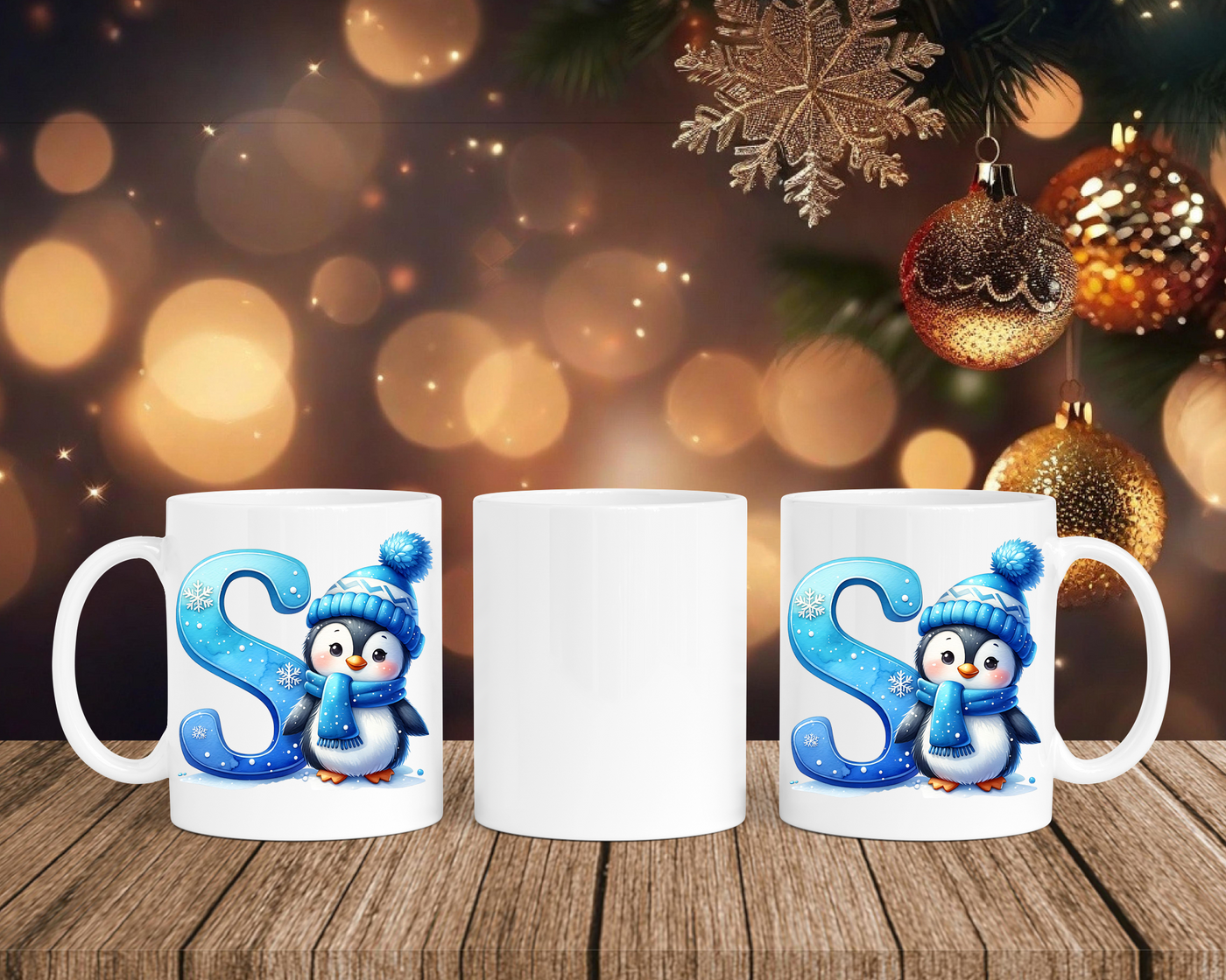 Personalisierte Keramik-Tasse in Weiß-mit Pinguin Blau-Alphabet & Namen