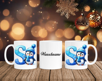 Personalisierte Keramik-Tasse in Weiß-mit Pinguin Blau-Alphabet & Namen