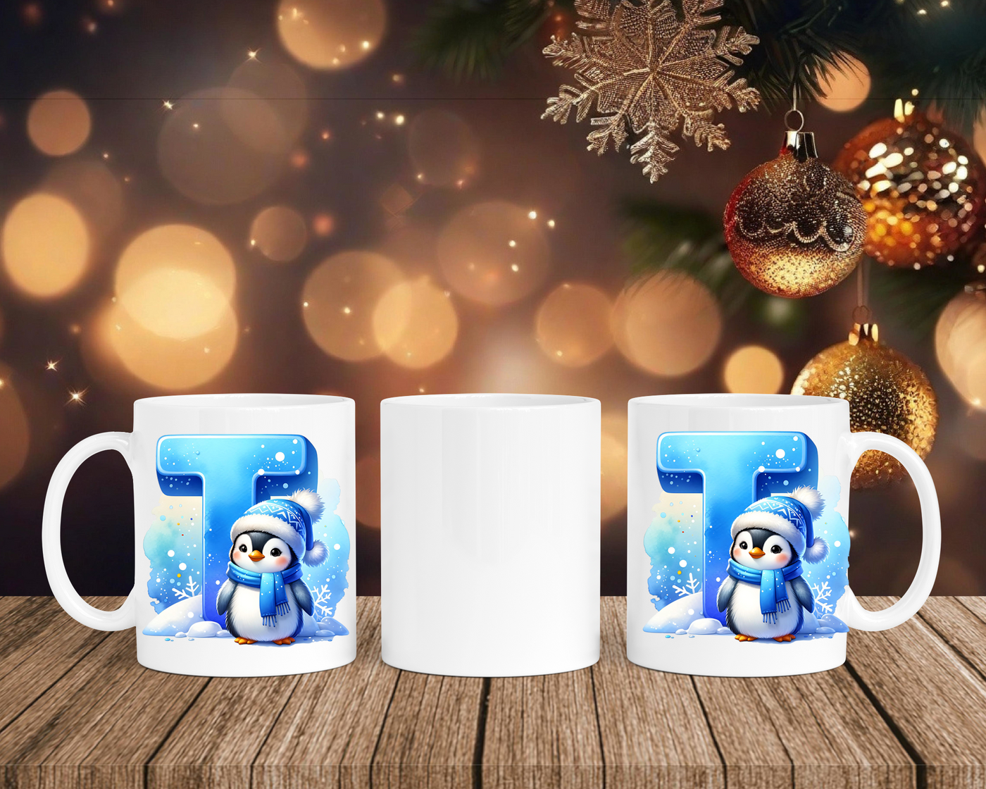 Personalisierte Keramik-Tasse in Weiß-mit Pinguin Blau-Alphabet & Namen