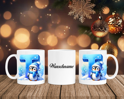 Personalisierte Keramik-Tasse in Weiß-mit Pinguin Blau-Alphabet & Namen