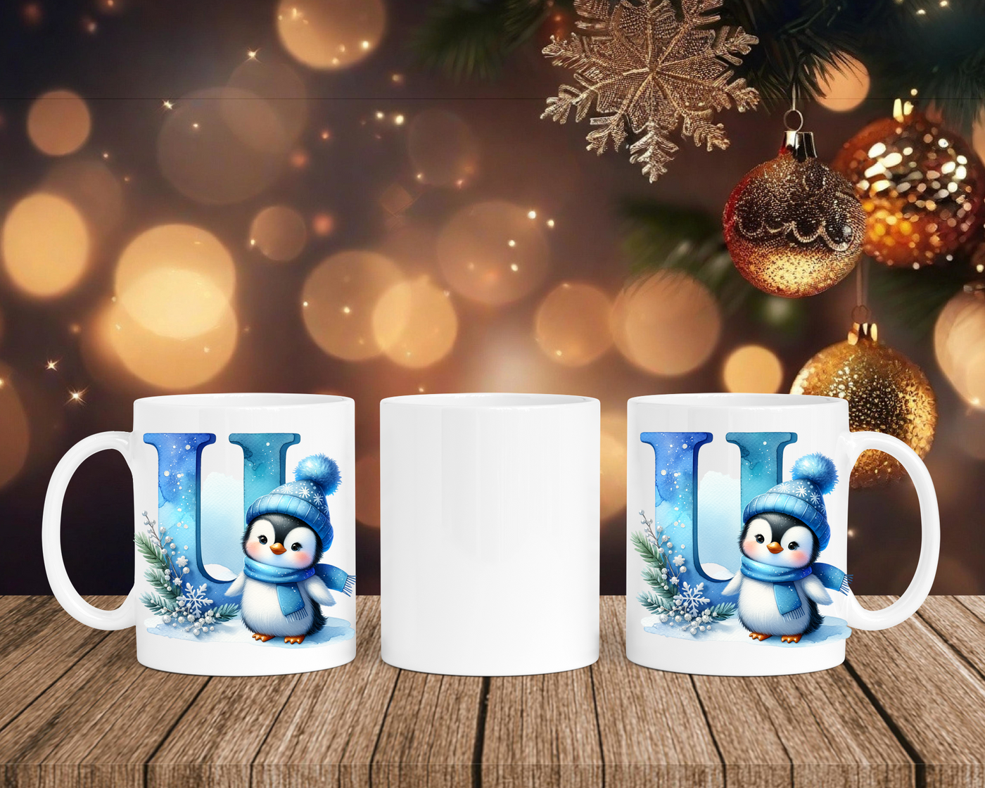 Personalisierte Keramik-Tasse in Weiß-mit Pinguin Blau-Alphabet & Namen