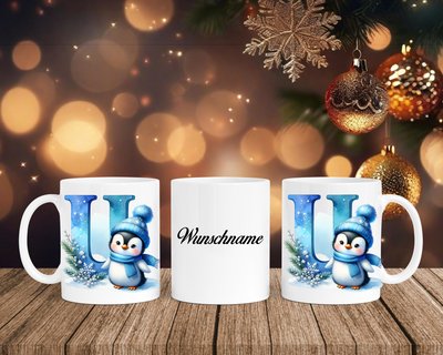 Personalisierte Keramik-Tasse in Weiß-mit Pinguin Blau-Alphabet & Namen