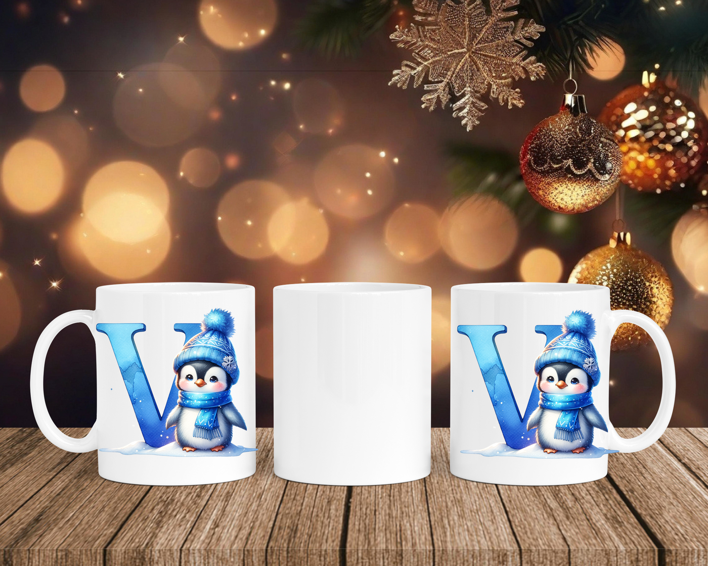 Personalisierte Keramik-Tasse in Weiß-mit Pinguin Blau-Alphabet & Namen