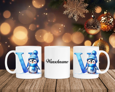 Personalisierte Keramik-Tasse in Weiß-mit Pinguin Blau-Alphabet & Namen