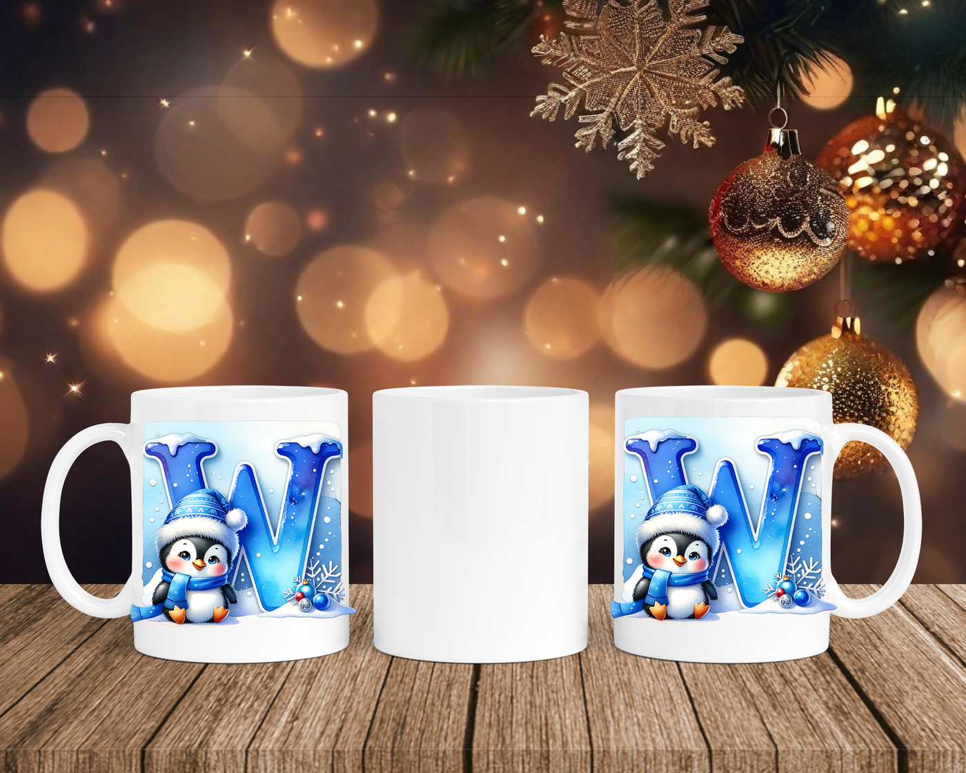 Personalisierte Keramik-Tasse in Weiß-mit Pinguin Blau-Alphabet & Namen