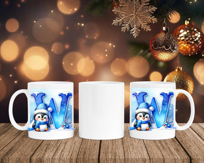 Personalisierte Keramik-Tasse in Weiß-mit Pinguin Blau-Alphabet & Namen