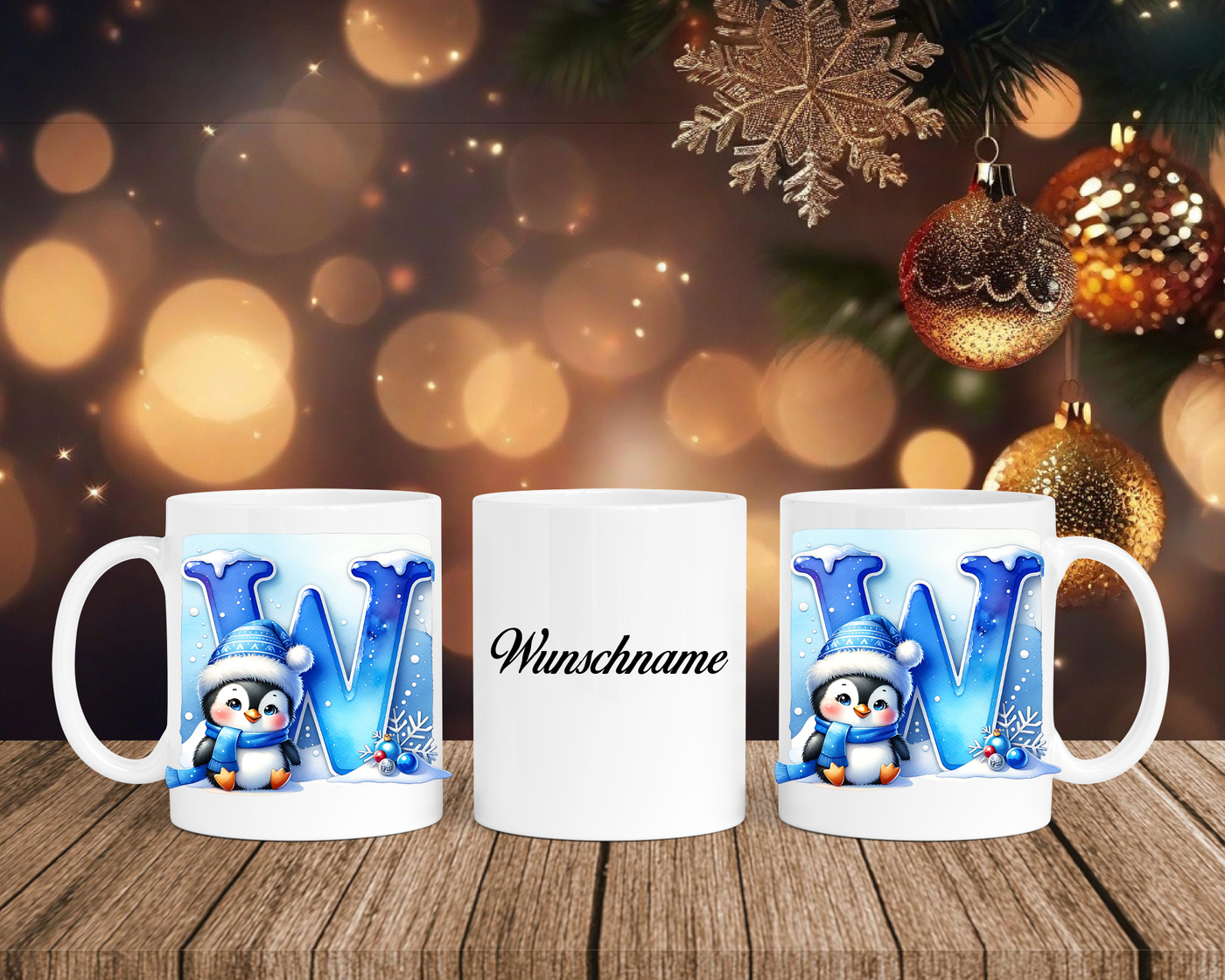 Personalisierte Keramik-Tasse in Weiß-mit Pinguin Blau-Alphabet & Namen