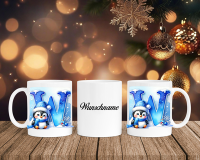 Personalisierte Keramik-Tasse in Weiß-mit Pinguin Blau-Alphabet & Namen