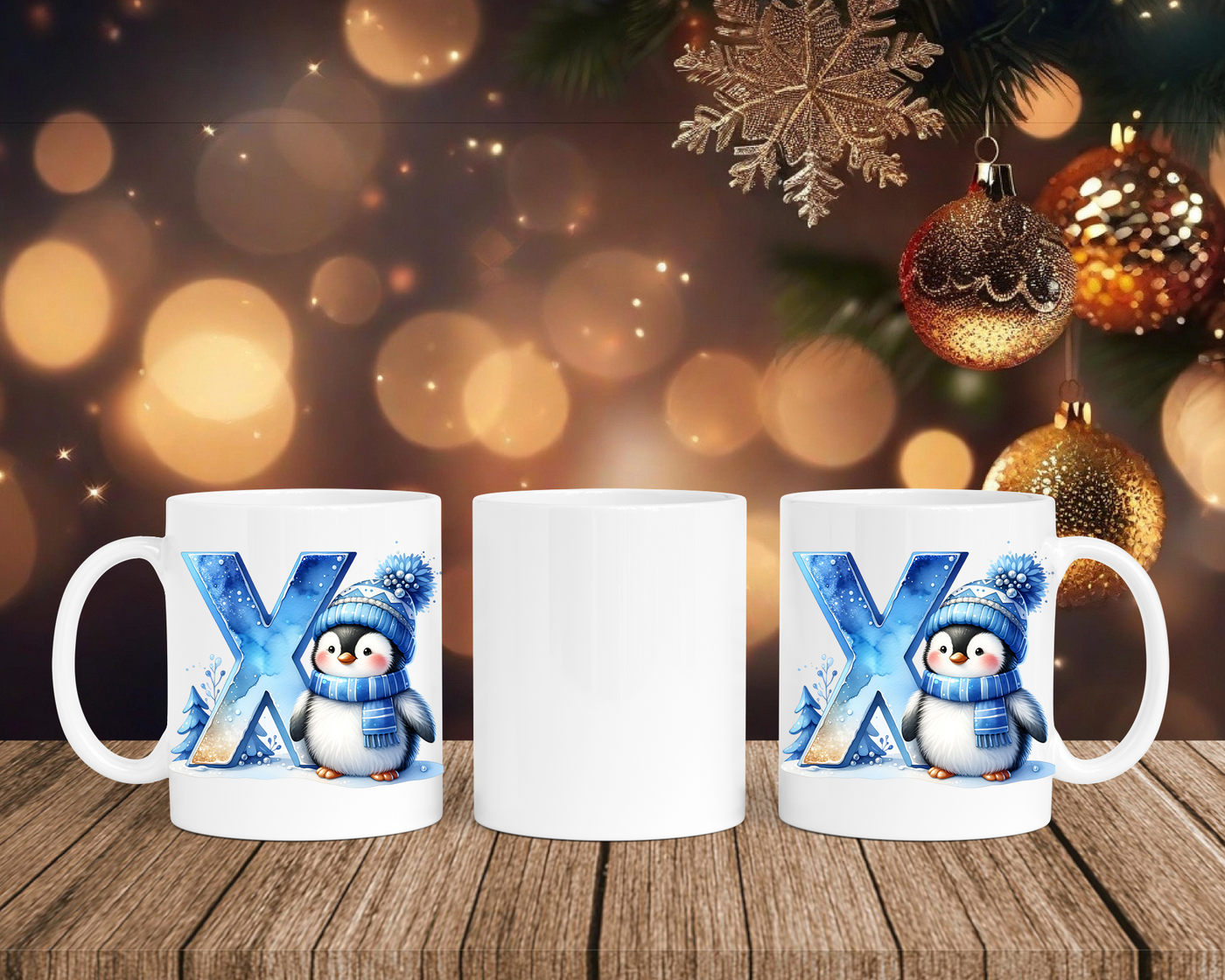 Personalisierte Keramik-Tasse in Weiß-mit Pinguin Blau-Alphabet & Namen