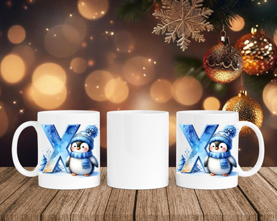 Personalisierte Keramik-Tasse in Weiß-mit Pinguin Blau-Alphabet & Namen